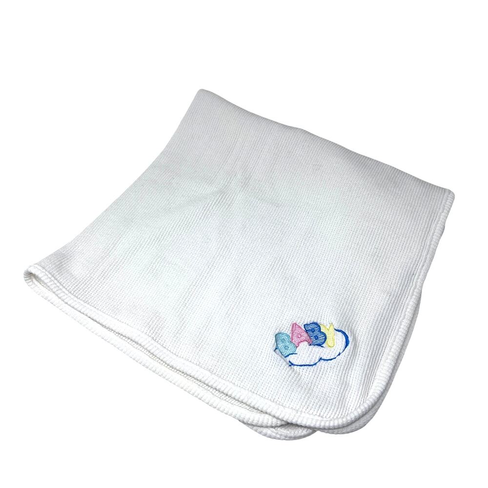 Vintage‎ Thermal Baby Blanket Owen Waffle Weave White Embroidered Cloud Cotton
